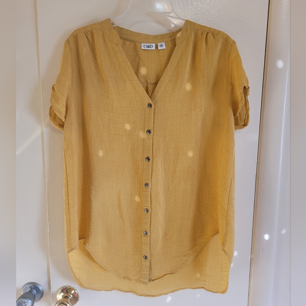 Cato Yellow Mandarin Collar Cuffed Sleeve Blouse